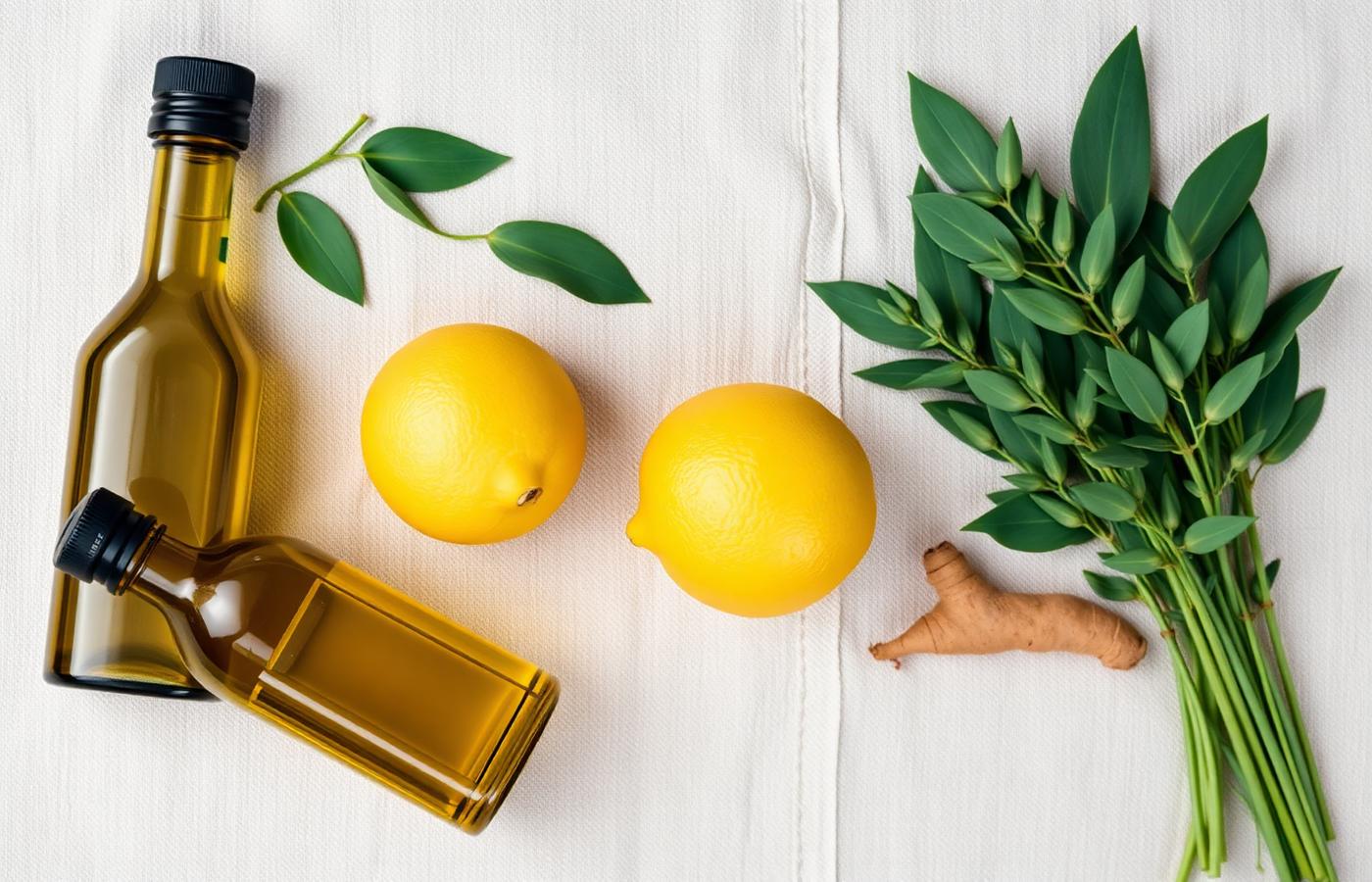 Aceite de oliva, hojas verdes y otros ingredientes naturales